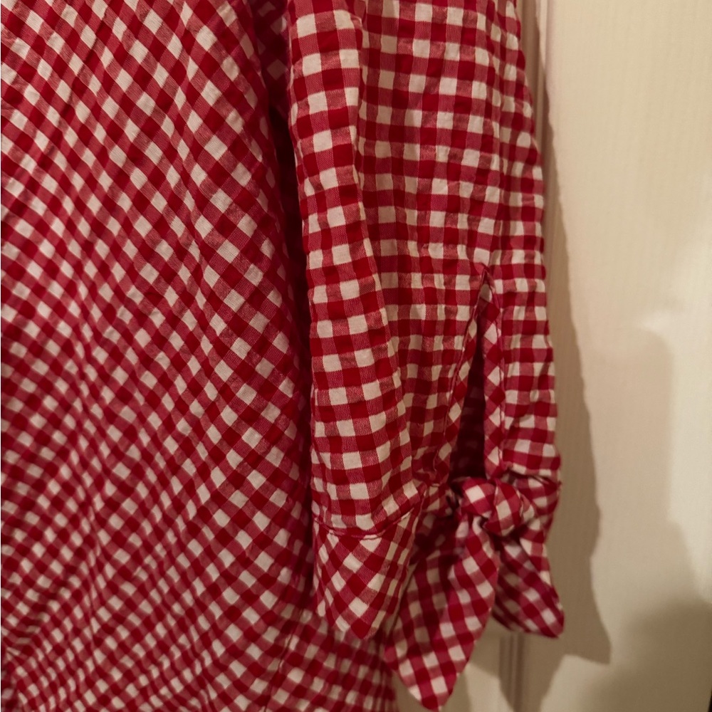 Susan Graver 3/4 sleeve Red Gingham Button-Up Shirt - Picture 3 of 9
